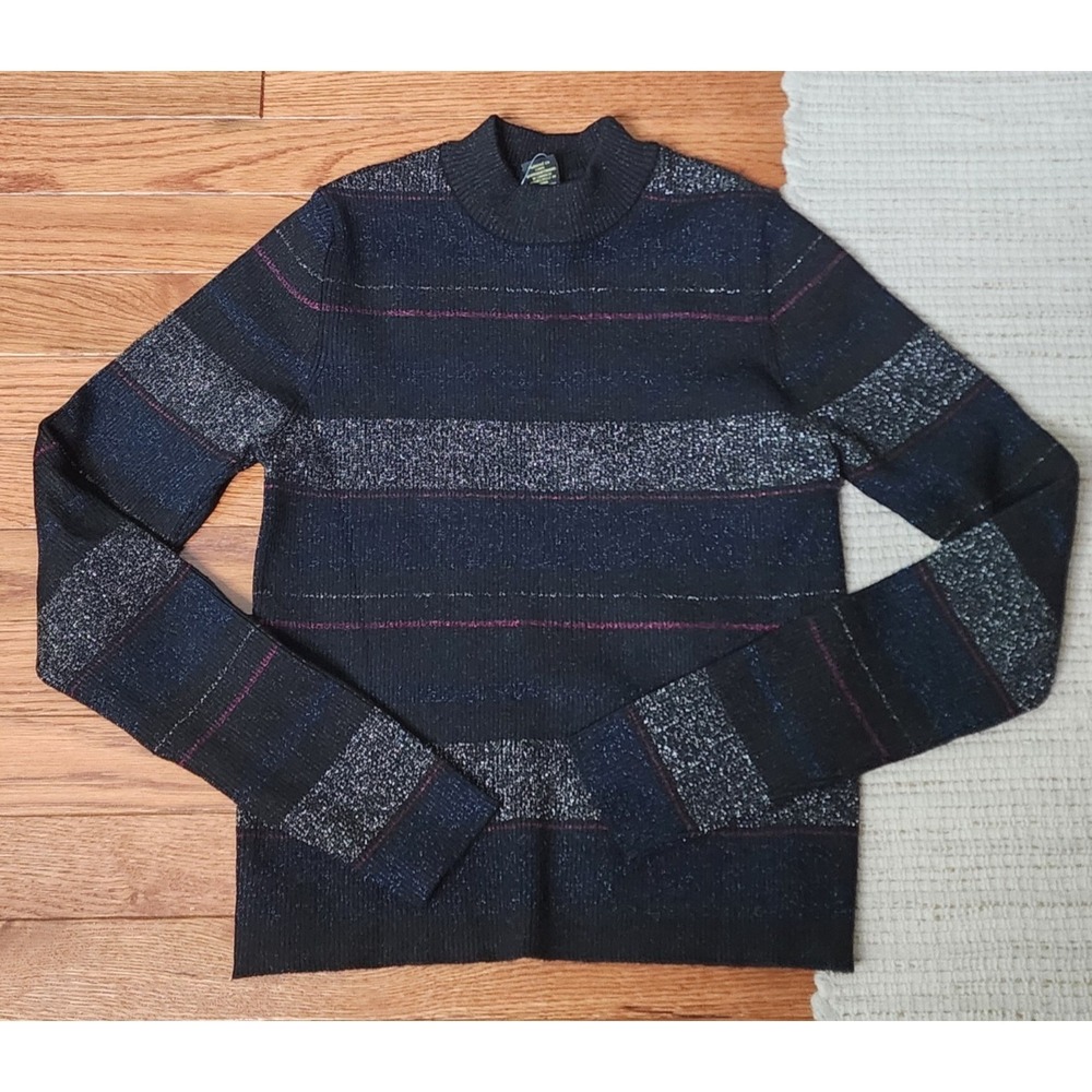 House of Harlow Sweater M Long Sleeve Black Mock Neck Stripe Metallic Stretch
